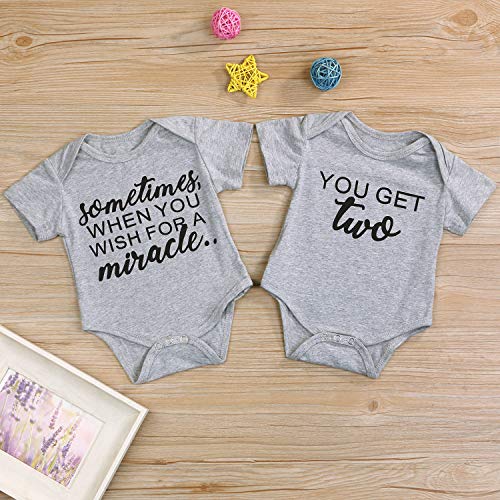 Mini honey 2Pcs Infant Twins Baby Boys Girls Short Sleeve Letter Print Romper Bodysuit Summer Outfit Clothes (0-3 Months, Gray)
