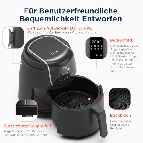 Foto von Midea MF-CN35C2,Digital Air Fryer 1500W mit 8 voreingestellten Funktionen und 60 Min Timer,3,5L Heißluftfritteuse für gesundes ölfreies Kochen,Backen,Grillen,intelligente Temperaturkontrolle,Schwarz