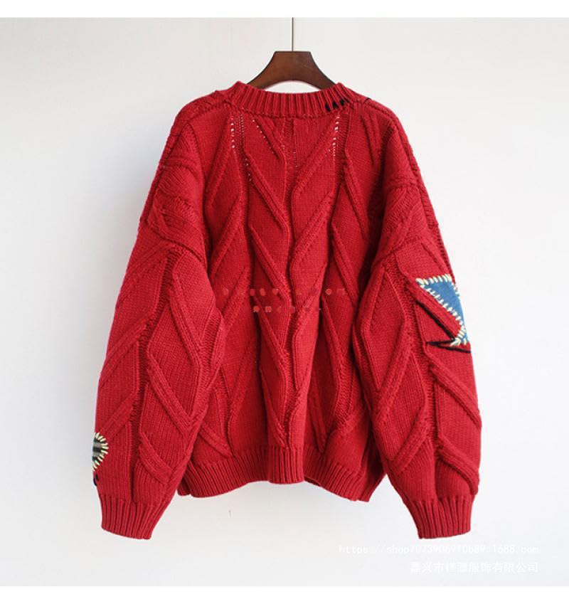 Image of Women's Cable Knit Open Front Cardigan V-Neck Button Down Embroidery Wool Blend Sweater Coat(red,XXL)