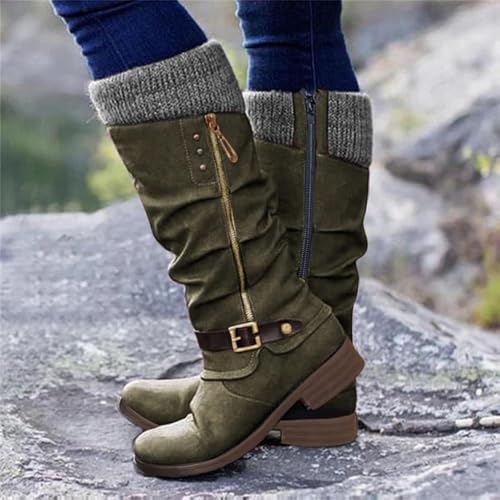 Winter Warm Low Heel Knight Boots Retro Round Toe Western Boots Low Heel Mid Calf Winter Boots Side Zip Platform Hiking Boot Outdoor Shoes2