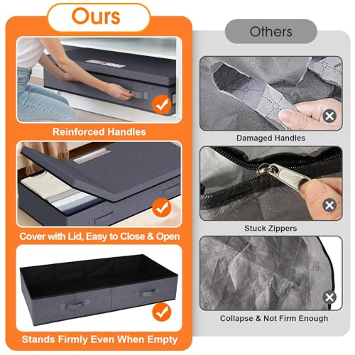 Image of StoreHappily Under Bed Storage Containers with Lids - 3 Pack, Foldable and Stackable Clothes Storage Bags with Clear Window, 3-Sided Handles and Label Slot for Clothing, Blankets, Pillows (Grey)