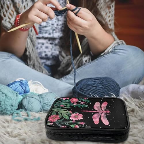 Image of Crochet Hook Case Elegant Dragonfly Crochet Hook Holder Portable Crochet Hook Storage Bag with Web Pockets Suitable for Crochet Needles /Knitting Accessories