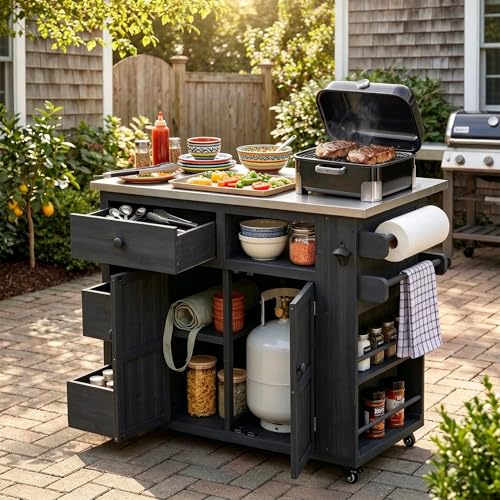 ApilithHive Outdoor Solid Wood Kitchen Island with Storage 28 Extendable Stainless Steel Top Grill Cart Rolling BBQ Prep Station with Drawers Spice Rack Towel Rack for Backyard Patio Camping