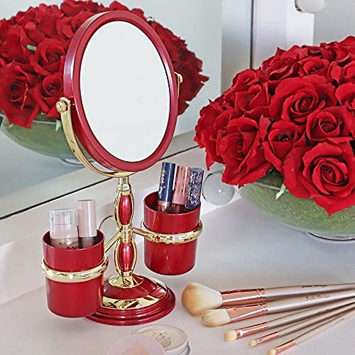 ESPELHO DE MESA GIRATÓRIO COM DOIS SUPORTES PARA MAQUIAGEM E SALÃO JACKI DESIGN VERMELHO