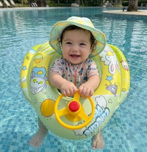 Image of Inflatable Baby Pool Float with Steering Wheel, Toddler Swim Ring Boat with Safety Seat & Leg Holes, Cute Airplane Water Toy for Infants & Kids Summer Outdoor Fun