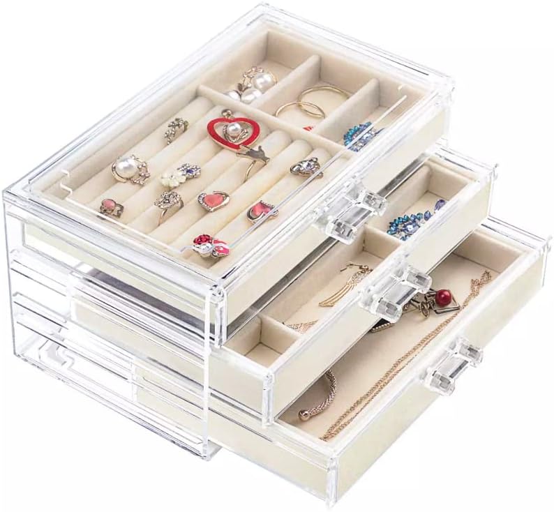 Acrylic Jewelry Box with 3 Drawers,Velvet Jewellery Organizer,Jewelry Storage Case for Earring Necklace,Ring Organizer Storage for Women(Beige,3 Drawers)