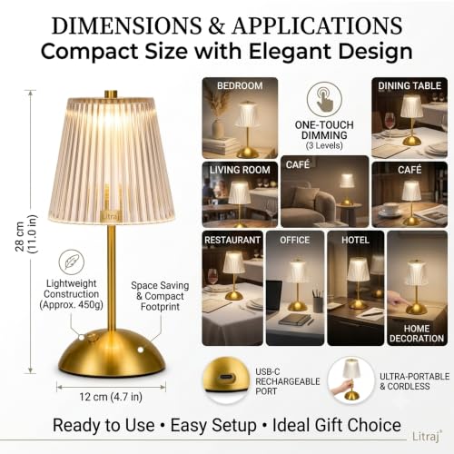 Image of Cordless LED Table Lamp with Touch Control | 3-Level Dimmable Light | Crystal Acrylic | Portable USB Charging Metal Bedside Desk Lamp for Bedroom, Living Room, Office & Home Decor (Golden)