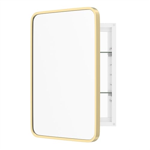 WallBeyond Botiquín de baño con espejo, 16 x 24 pulgadas, gabinete de medicina empotrado dorado con esquina redonda de aleación de aluminio con