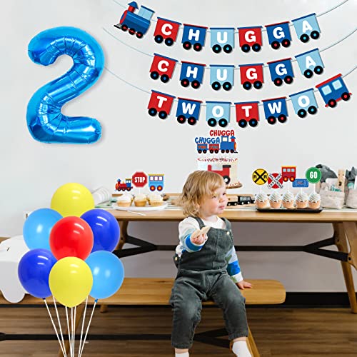 Chugga Chugga Two Two Party Decorations For 2 Years Old Boys, Railroad Train Crossing Theme Birthday Party Supplies - Chugga Chugga Two Two Banner, Cake Topper, Train Foil Balloons #TOP1