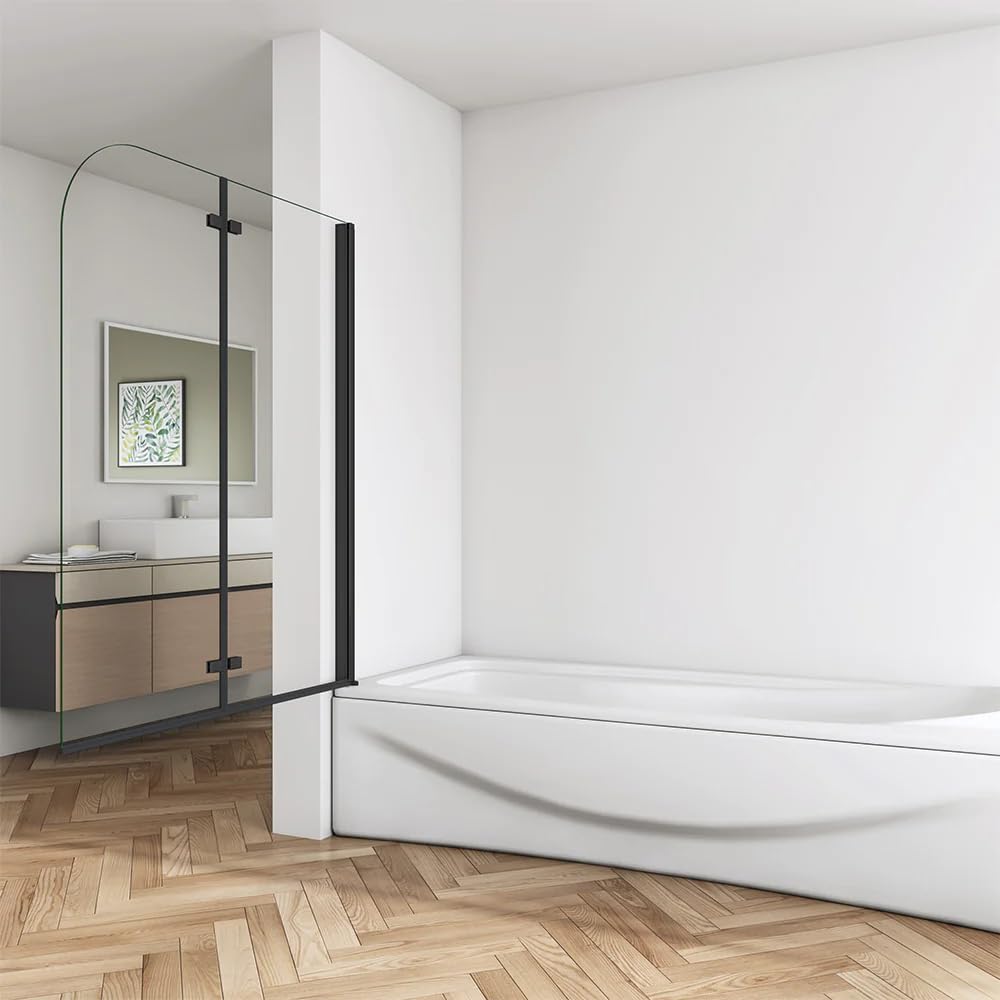 Mampara de Bañera Abatible 2 Hojas Cristal Antical 6mm Plegable Perfil Negro Mate Tamaño:(880-900) x1400mm