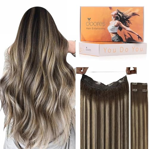 Image of DOORES Wire Hair Extensions, Balayage Chocolate Brown to Honey Blonde 22 Inch 120g Fish Line Weft Extensions and 2pcs 30g Clip ins, 100g Invisible Wire Real Human Weft Seamless Hairpiece