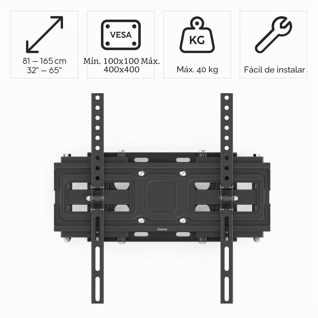 Hama - Soporte de Pared para TV (Giratorio, inclinable, telescópico, 10 años, TV de 32" a 65", 165 cm, 40 kg, inclinación -15°/+15°, rotación 160°, VESA 400 x 400, gestión de Cables, Tacos Fischer),