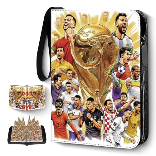 Soccer Card Binder 9 Pocket Trading Card Binder Fits 900 Cards with 50 Removable Sleeves Waterproof PU Leather 3-Ring Zipper Card Organizer Portable Card Holder for Football Fans Collectors