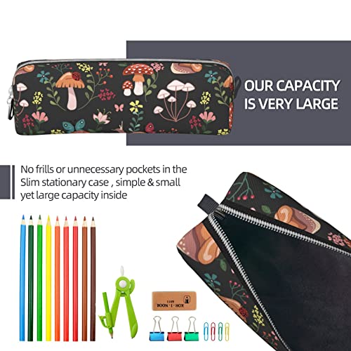 Image of Leather Pencil Case - Mushroom Snails Butterfly Flower Pattern, Stationery Bag Pen Organizer Makeup Cosmetic Holder Pouch for School Work Office College