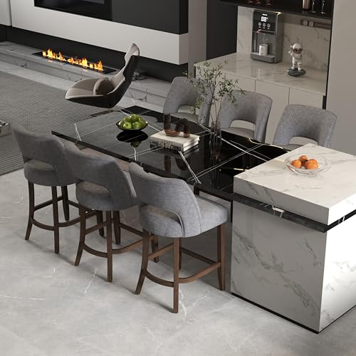 Image of VKNOW Bar Stools Set of 6, 26 inch Upholstered Counter Height Bar Stools,Modern Counter Stools with Wood Legs for Kitchen Island Dining Room Bar,Fabric Grey