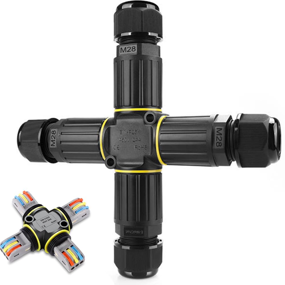 Azonee Junction Box 4 Way 3Pin IP68 Waterproof Cable Connector Screwless Underground Wire Connector P25 for Ø5-9mm Wire Range(AC 450V, 16A) Suitable for Extension Cord repair Kit