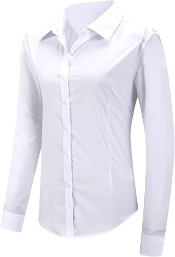 MGWDT Button Down Shirt Women Slim-Fit Work Blouse Wrinkle Resistant Long/Short Sleeve Stretchy Lightweight Tops