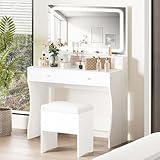 IRONCK Vanity Desk with LED Lighted Mirror & Power Outlet, Makeup Vanities Table with 4 Drawers,Storage Bench,Dressing Table for Bedroom White