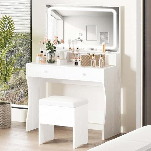 IRONCK Vanity Desk with LED Lighted Mirror & Power Outlet, Makeup Vanities Table with 4 Drawers,Storage Bench,Dressing Table for Bedroom White