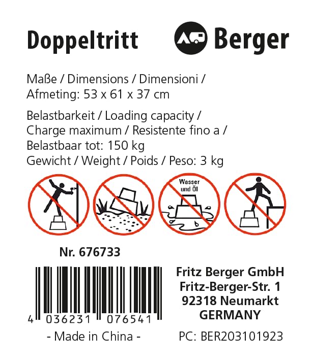 BERGER Tritthocker belastbar bis 150 kg | Robuste Camping Trittstufe Einstiegshilfe für Wohnmobil Wohnwagen | Doppeltritt mit großer Rutschfester Trittfläche | Sicher & Stabil