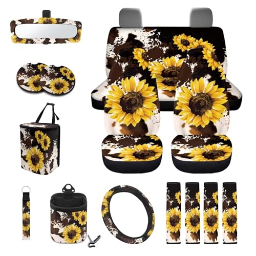 Wanyint Sunflower Brown Cow Print 15 PCS Car Seat Cover Full Set with Steering Wheel Cover Seat Belt Pad Cover Trash Bin Rear View Mirror Cover Cup Holders Keychain Air Vent Storage Holder Car Decor