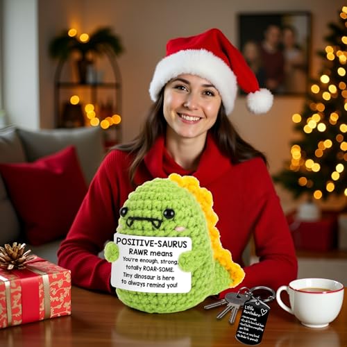 Image of Birthday Gift for Friend Women Dinosaurs Emotional Support Crochet Dino with Motivational Keychain - Positive Crochet Animals & Emotional Support - Cute Crochet Animals, Mini Dinosaur Figures