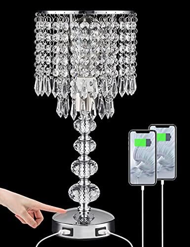 Crystal Table Lamps for Bedroom Nightstand - Touch Bedside Lamps with Two USB Charging Ports Silver, 3 Way Dimmable Small Glam Lamp for Girls, End Table Lamp for Bedroom, Office, Living Room, Reading