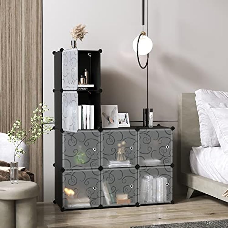 C&AHOME Cube Storage Organizer with Doors, 8-Cube Shelves, Closet Cabinet, DIY Plastic Modular Bookshelf, Storage Shelving Ideal for Bedroom, Living Room, 24.8 L 12.4 W 48.4 H Black UGSHS3008A