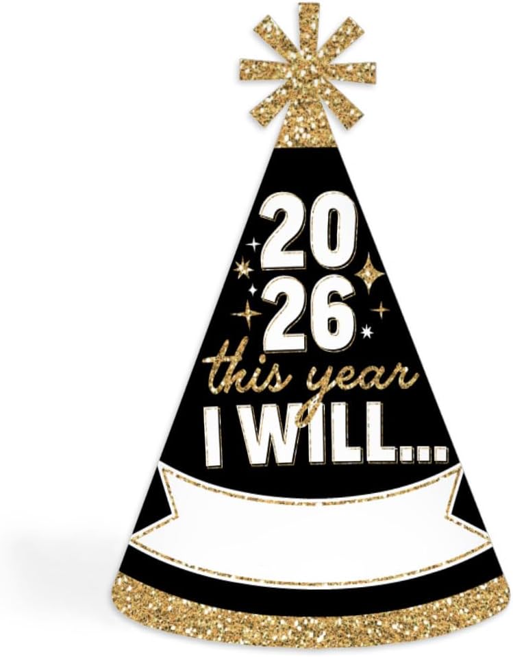 Big Dot of Happiness Hello New Year - Cone Party Hats - 2026 NYE Resolution Cone Party Hat For Kids And Adults - Set of 8 (Standard Size)