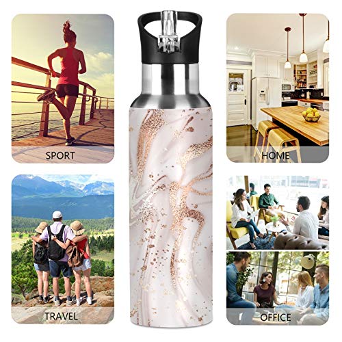 Xigua Rose Gold Marble Water Bottle With Straw Lid Vacuum Insulated Stainless Steel Thermo Flask For Sports Cycling Hiking School Home,20 Oz. #TOP4