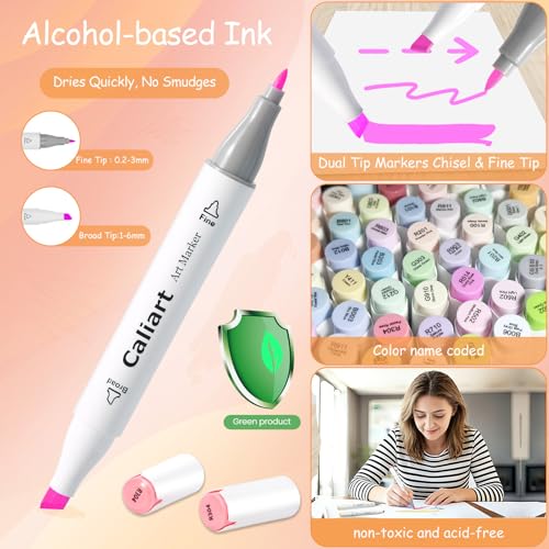Image of Caliart Pastel Markers, 100 Colors Dual Tip Art Markers Sketch Pens Permanent Alcohol Based, with Case for Adults Artists Drawing Illustration Sketching Coloring