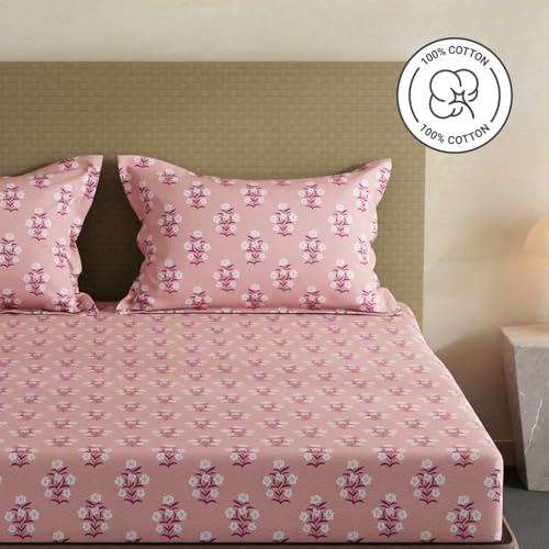 Image of Layers 100% Cotton Bedsheet for King Size Bed | Lumina Floret Collection | 144 TC Soft & Breathable | Floral Print with 2 Pillow Covers | Wrinkle Free & Colorfast | 3 Piece Bedding Set - Pink