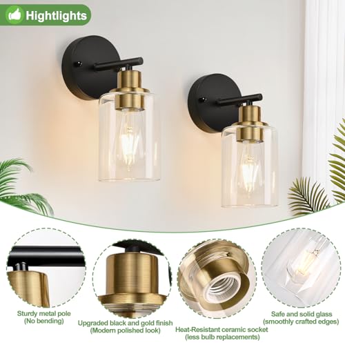 Image of Zarbitta Set of 2 Wall Sconces for Bathroom, Black and Gold Modern Vanity Lights with Clear Glass Shade,Bathroom Wall Lamp for Mirror Kitchen Living Room Hallway Cabinet Porch