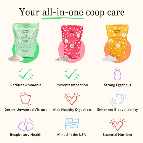 Image of Grubbly Farms Coop Necessities Bundle - Chicken Grit, Layer Calcium & Coop Conditioner - Proper Digestion, Strong Eggshells & Odor Control - Rose Quartz Grit, Aragonite Calcium, Deodorizer