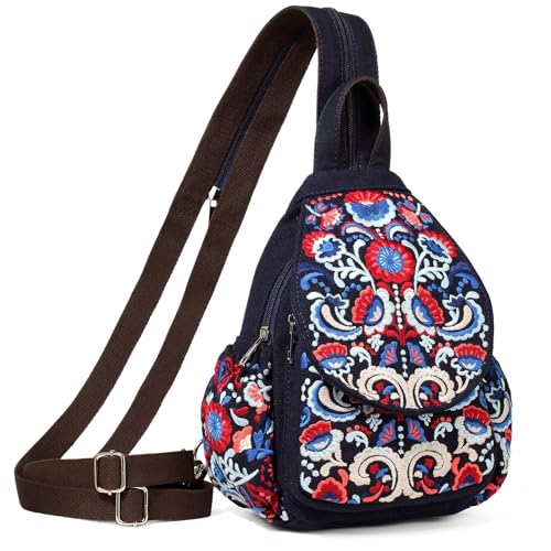 Image of SILKAREA Vintage Embroidered Floral Ethnic Backpack for Women Handbag Shoulder Bag Mini Travel Purse (Embroidered Blue)
