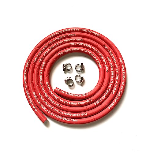 Image of 10FT Fuel Line Hose 1 /4 inch inch, 4AN 6mm High Pressure Hose 2.8Mpa 400PSI for Fuel Systems Engines Tube Hose Multiple Size Options,Implementation Standards:EN854,Red (Attached Hose Clamp)