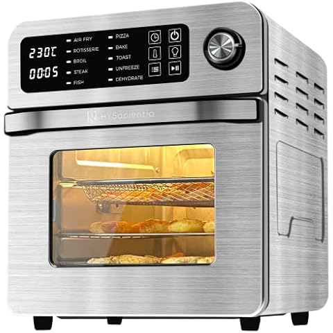 HYSapientia® Large Air Fryers Oven 15L With Rotisserie For Family Digital Knob 1700W 10 Multifunction Toaster Air Convection Mini Oven electric and grill, Double-layered Glass Door, Full Accessory Set Cover