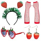 Qwrqwr Erdbeer Kostüm Damen Obst Accessoires Karneval Fasching Party Kostüm und Haarreif Brille Ohrringe und Handschuhe für Faschingskostüm Hawaiian Rollenspiel Party