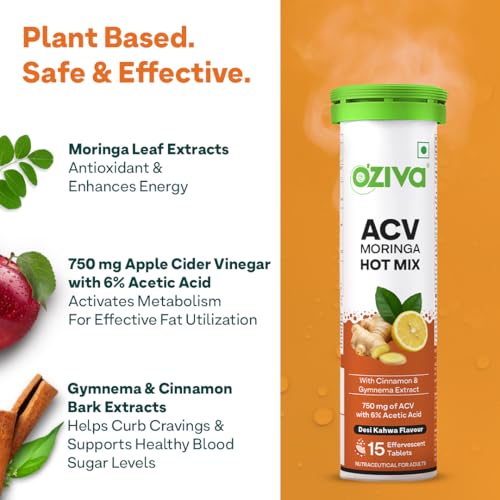 Image of OZiva ACV Moringa Hot Mix | Control Cravings & Boost Metabolism | Apple Cider Vinegar, Gymnema, Cinnamon, Moringa | Desi Kahwa - 15 Effervscent Tablets.