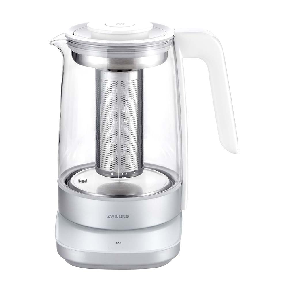 ZWILLING ENFINIGY Hervidor de vidrio con colador de té, Ajuste de temperatura y temporizador de té, 1850 W, 1,7 l, Blanco