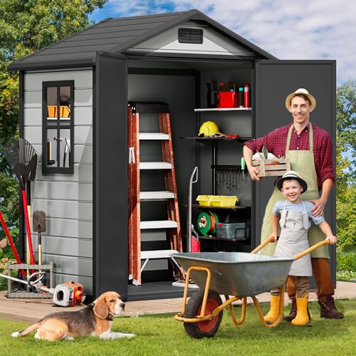 Image of DWVO 6x4 FT Resin Storage Shed with Reinforced Floor, Outdoor Storage Shed with Lockable Door, Window and Vents, Waterproof Plastic Tool Storage for Garden, Backyard, Patio, Lawn(Blue-Gray+Black)