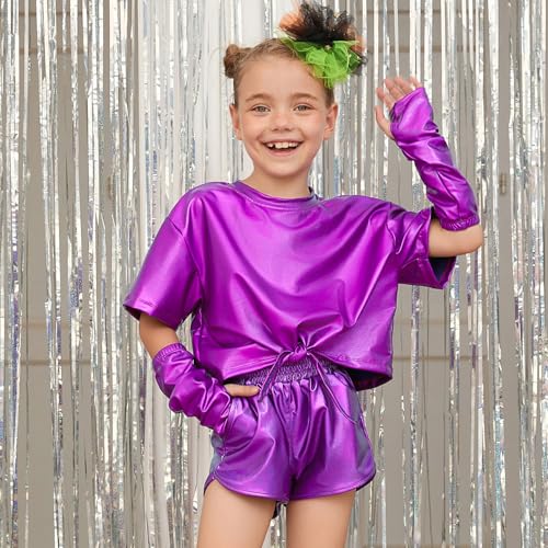 Image of Perfashion Girls Metallic Shirts Shiny Tie Front Knot Crop Top with Arm Sleeves for Dancing Raves Festivals 4-15 Years