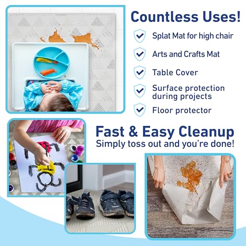 Image of Graco Baby Disposable Splat Mats - 60 Count (6 Designs, 10 of Each), 47 inch x 40 inch, Biodegradable Floor Protector for Mealtime, Under High Chair, Home & Restaurant Use