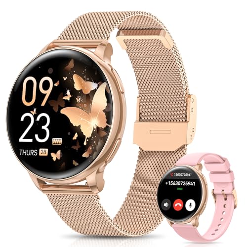 Sanorum Smartwatch Damen, 1.27' HD Screen Armbanduhr mit Telefonfunktion 120+ Sport, Menstruationszyklus SpO2 Pulsuhr Schlafmonitor Schrittzähler Fitness Tracker Rund, IP68 iOS Android Roségold