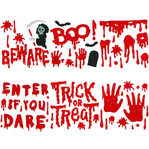 Gift&Fun 6 Sheets Halloween Window Gel Clings 7.9 x 7.9 inches Beware Boo Trick or Treat Sticker Set Grim Reaper Handprint Blood Splatter Decals