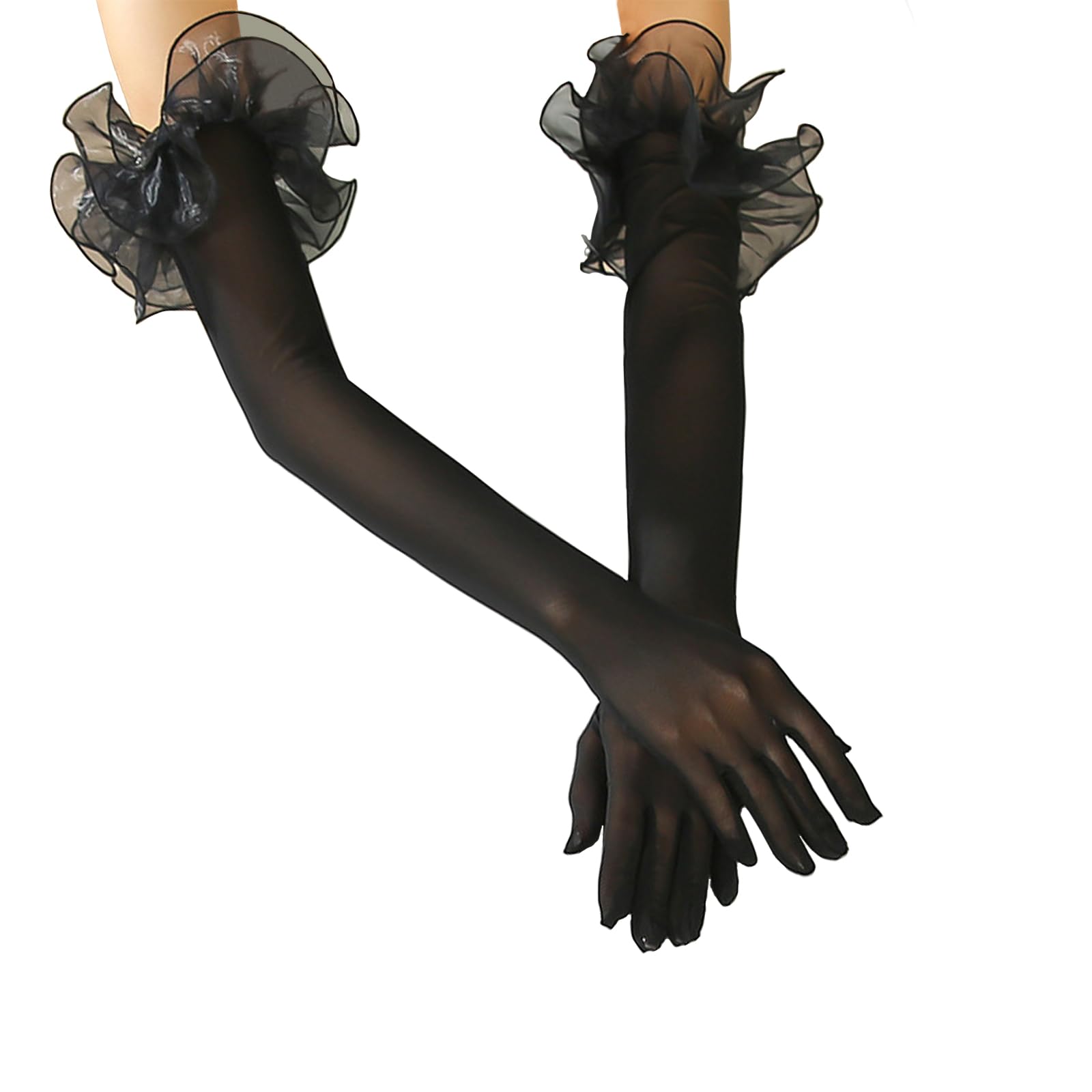 Mesh Opera Gloves for Women Long Stretchy Sheer Tulle Gloves with Ruffles Vintage 1920s Flapper Wedding Party Mittens - Image 2