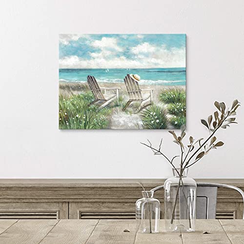 Beach Canvas Wall Art Picture: Ocean Sea Painting Decor Coastal Chair Seaside Grass Artwork Wave Seascape Scene Print For Bathroom Bedroom #TOP2