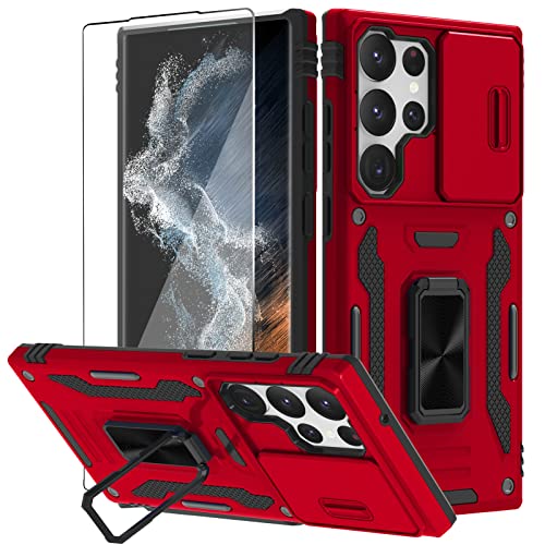 MOWIME for Galaxy S23 Ultra Case with Slide Camera Cover, Built-in 360Â° Rotate Ring Kickstand Magnetic Screen Protector Shockproof Cover Case for Samsung Galaxy S23 Ultra 5G 6.8 inch 2023 - Red