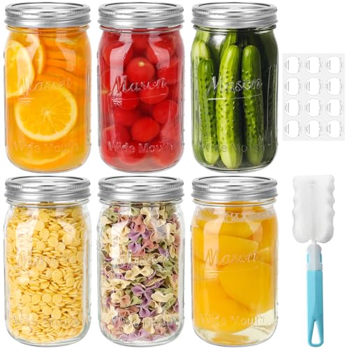 CulnCraz 32 oz Glass Wide Mouth Mason Jars, 6 Pack Glass Canning Jars with Silver Aluminum Lids and Bands, Airtight Jars for Food Storage, Canning, Overnight Oats, Fermenting, Pickling, Decor
