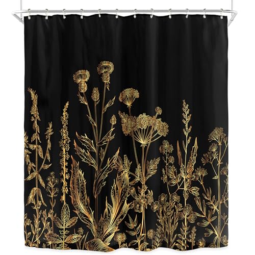 Riyidecor WOW-LYFXJ-69262 Black Gold Dark Floral Wildflower Shower Curtain thumb #5